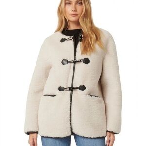 SEBBY COLLECTION:Cream Sherpa Jacket w/Black Leather Trim & Gold Toggle closures